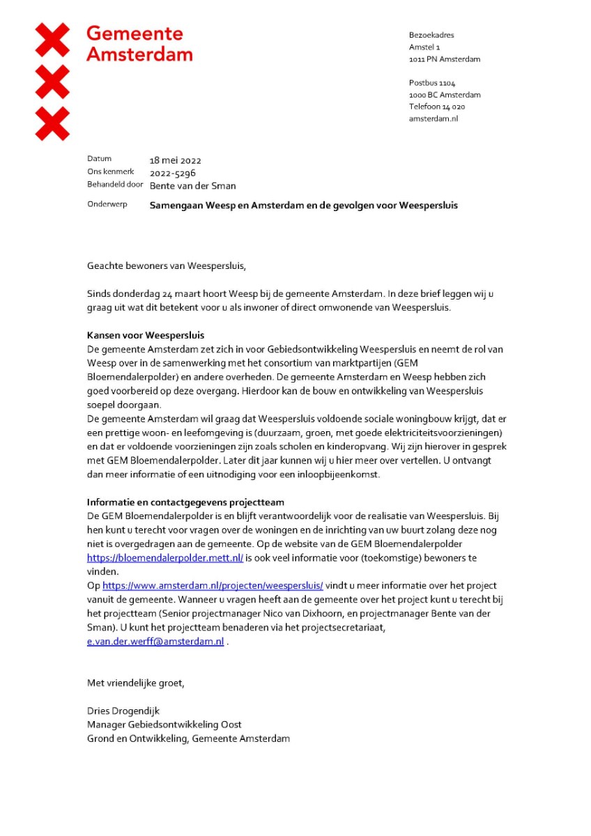 Bericht Brief van de gemeente Amsterdam aan (toekomstig) bewoners Weespersluis bekijken